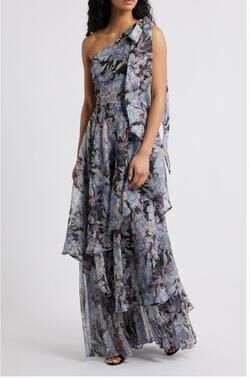 Lulu's Amara Floral One-Shoulder Gown Size L Maxi Tiered Feminine Wedding Guest